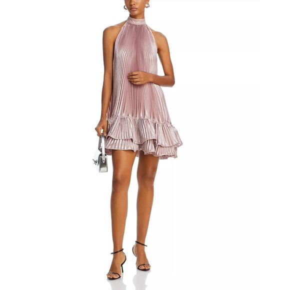 L'idee Soleil Mini Dress Silvery Pink Pleated Ruffles Wedding Prom Large NWT